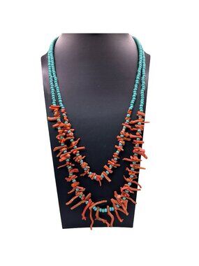 Vintage Double Strand Coral Branch Turquoise Beaded Necklace Gold-Tone Clasp 23"